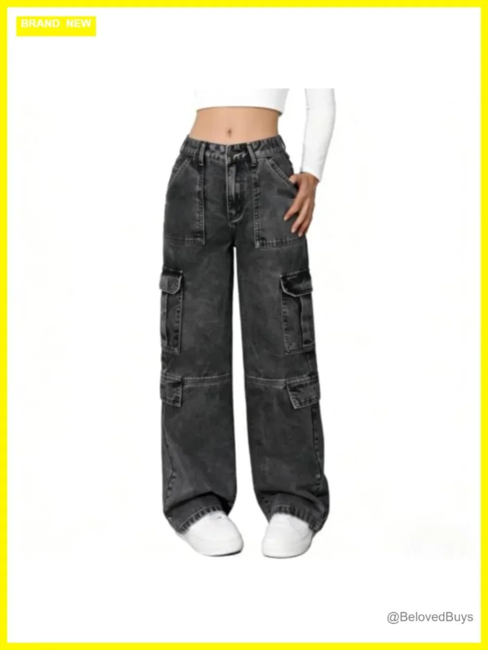 Girls Baggy Cargo Jeans Y2K Straight Leg Denim Pants Elastic Waist